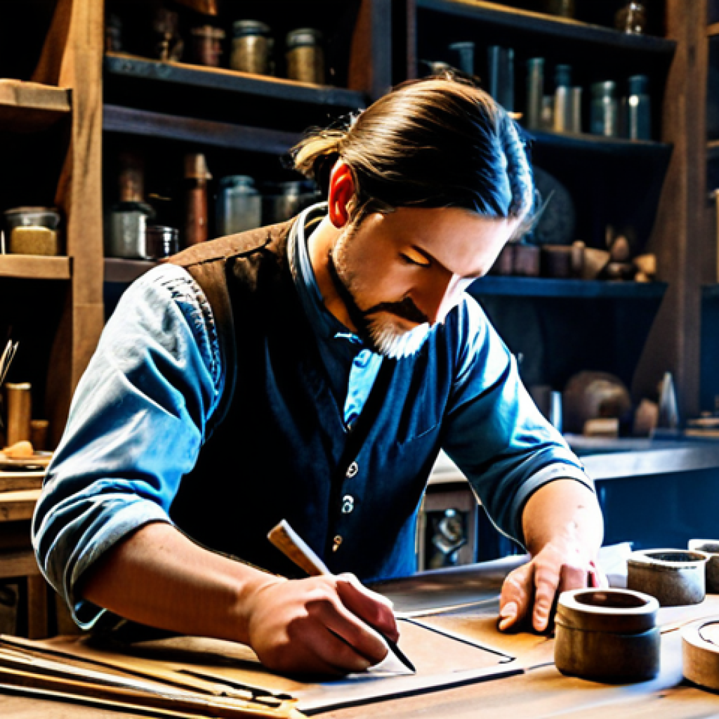 A professional artisan, fully clothed in modest, practical attire, meticulously working at a sturdy, ornate crafting station in a fantasy workshop. Various raw materials like gleaming ores, bundled herbs, and rare monster cores are neatly organized on shelves. Intricate blueprints are spread across the wooden workbench, illuminated by the soft glow of magical light. The artisan holds a crafting tool with precision, demonstrating intense concentration. The background shows hints of a bustling, safe for work, crafting guild. The image should feature perfect anatomy, natural proportions, well-formed hands, and correct finger count. Appropriate content, family-friendly, high-quality professional photography.