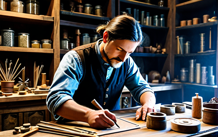 A professional artisan, fully clothed in modest, practical attire, meticulously working at a sturdy, ornate crafting station in a fantasy workshop. Various raw materials like gleaming ores, bundled herbs, and rare monster cores are neatly organized on shelves. Intricate blueprints are spread across the wooden workbench, illuminated by the soft glow of magical light. The artisan holds a crafting tool with precision, demonstrating intense concentration. The background shows hints of a bustling, safe for work, crafting guild. The image should feature perfect anatomy, natural proportions, well-formed hands, and correct finger count. Appropriate content, family-friendly, high-quality professional photography.