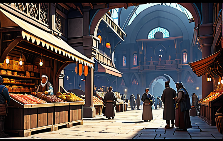 A vibrant, bustling fantasy trading post scene, showcasing diverse professional-looking player characters fully clothed in modest, detailed attire. They are actively engaged in commerce, inspecting items at ornate market stalls, and interacting with glowing holographic price displays. The background features rich, fantasy architecture and a dynamic flow of activity. Perfect anatomy, correct proportions, natural poses, well-formed hands, proper finger count, natural body proportions. Professional photography, high detail, realistic rendering, appropriate content, safe for work, family-friendly.