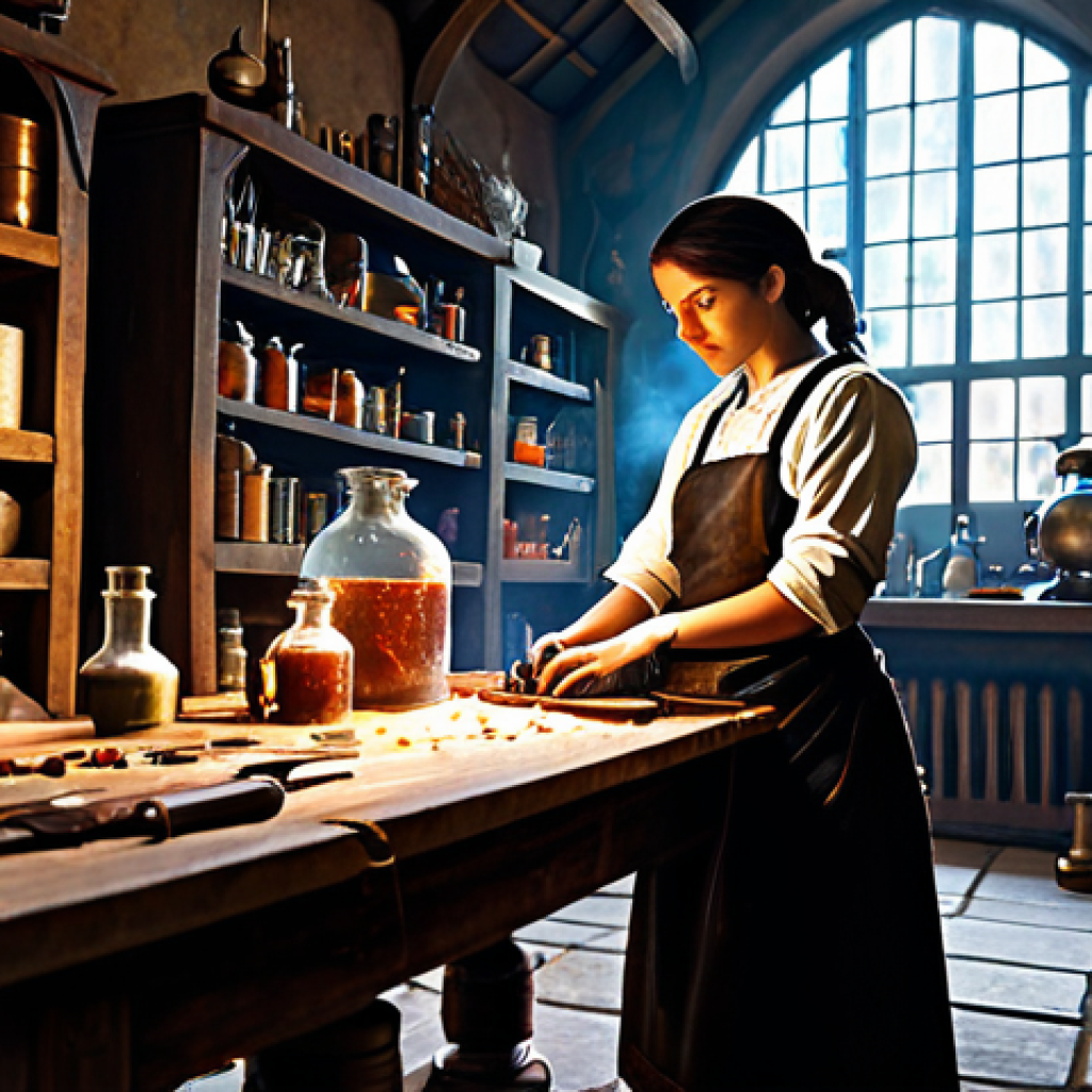 The Alchemist's Workshop**
"A cluttered but organized alchemist's workshop, filled with bubbling potions, glowing scrolls, and various crafting materials. A female character, fully clothed in practical leather armor and an apron, carefully examines a weapon. The lighting is warm and inviting, with rays of light filtering through dusty windows. safe for work, appropriate content, fully clothed, professional, detailed, perfect anatomy, correct proportions, natural pose, high quality, family-friendly."
**