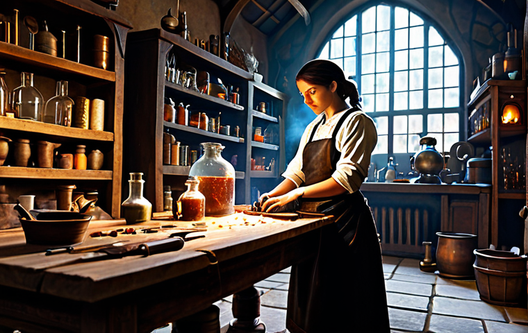 The Alchemist's Workshop**
"A cluttered but organized alchemist's workshop, filled with bubbling potions, glowing scrolls, and various crafting materials. A female character, fully clothed in practical leather armor and an apron, carefully examines a weapon. The lighting is warm and inviting, with rays of light filtering through dusty windows. safe for work, appropriate content, fully clothed, professional, detailed, perfect anatomy, correct proportions, natural pose, high quality, family-friendly."
**