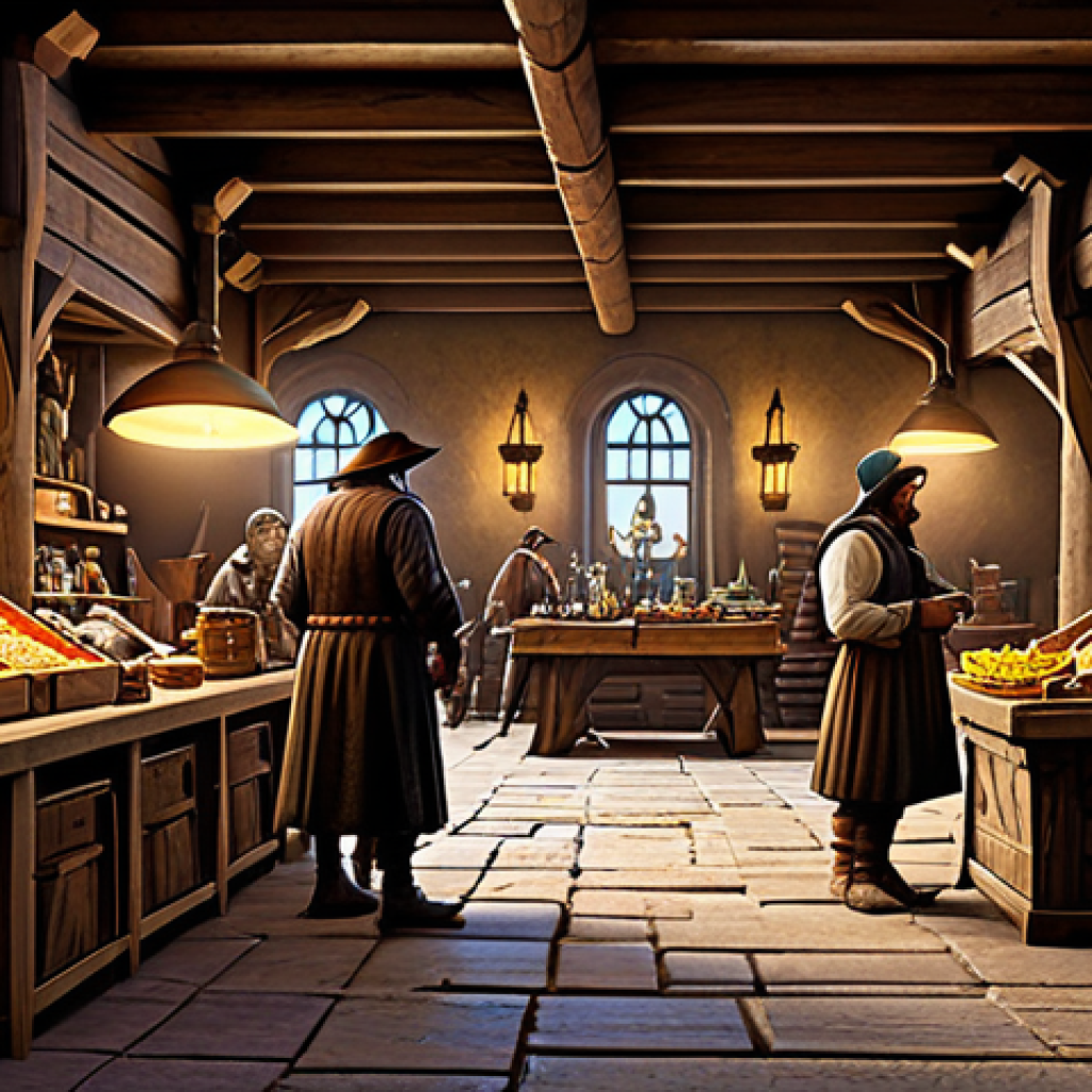 Trading Post Scene**
"A bustling marketplace scene inside a fantasy-themed trading post, fully clothed merchants and adventurers are bartering over items displayed on wooden tables, appropriate attire, safe for work, warm lighting, high-quality textures, professional digital art, perfect anatomy, natural proportions, modest clothing."
**