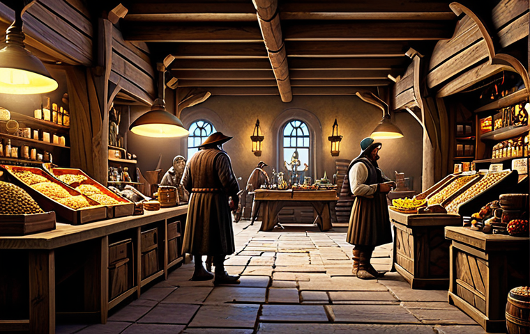 Trading Post Scene**
"A bustling marketplace scene inside a fantasy-themed trading post, fully clothed merchants and adventurers are bartering over items displayed on wooden tables, appropriate attire, safe for work, warm lighting, high-quality textures, professional digital art, perfect anatomy, natural proportions, modest clothing."
**