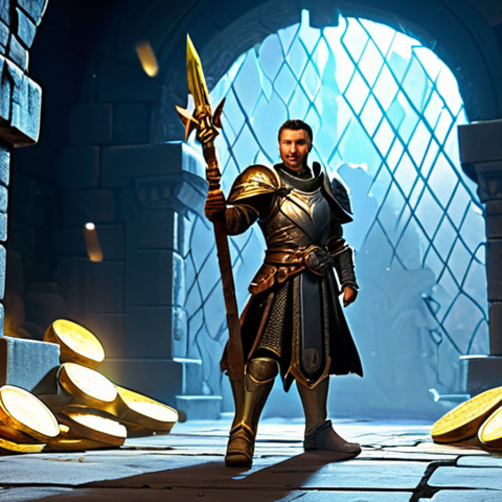 **
"A determined warrior, fully clothed in shining, practical armor, stands victorious atop a challenging dungeon entrance. A shimmering portal of light is behind them. Gold coins and rare crafting materials float in the air. The scene is illuminated with dynamic lighting. They hold a newly acquired, powerful weapon, clearly benefiting from a successful diamond investment in premium dungeon access. Perfect anatomy, well-formed hands, natural pose, appropriate attire, professional, family-friendly, safe for work, appropriate content."
**