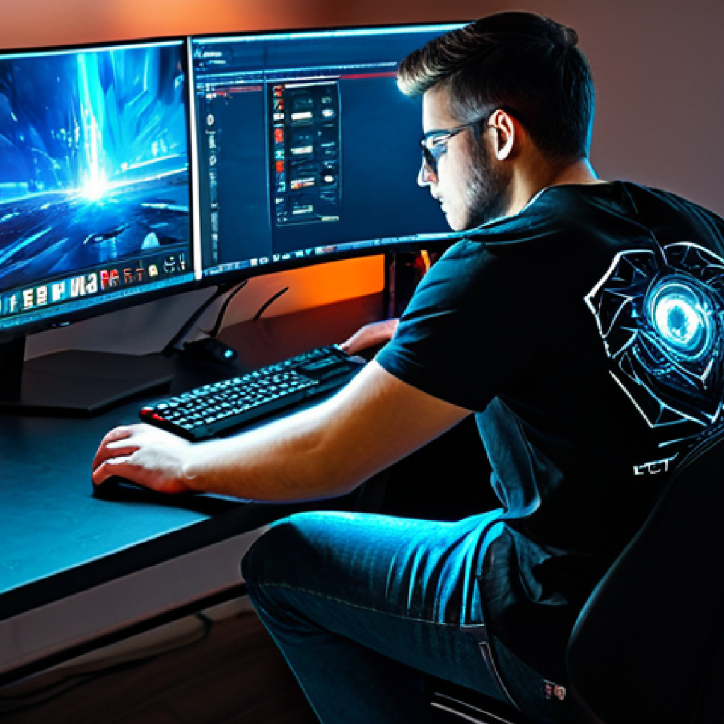 Optimized Gaming Setup**
A gamer sitting at a desk in a modern, dimly lit room, illuminated by the glow of a large monitor displaying a fantasy game. The desk is clean and organized with a gaming mouse and keyboard. Show a performance monitoring overlay on the screen (FPS, CPU/GPU usage). He is wearing a comfortable t-shirt and jeans, fully clothed. Safe for work, appropriate content, professional gaming environment, perfect anatomy, natural pose, well-formed hands, proper finger count.
**