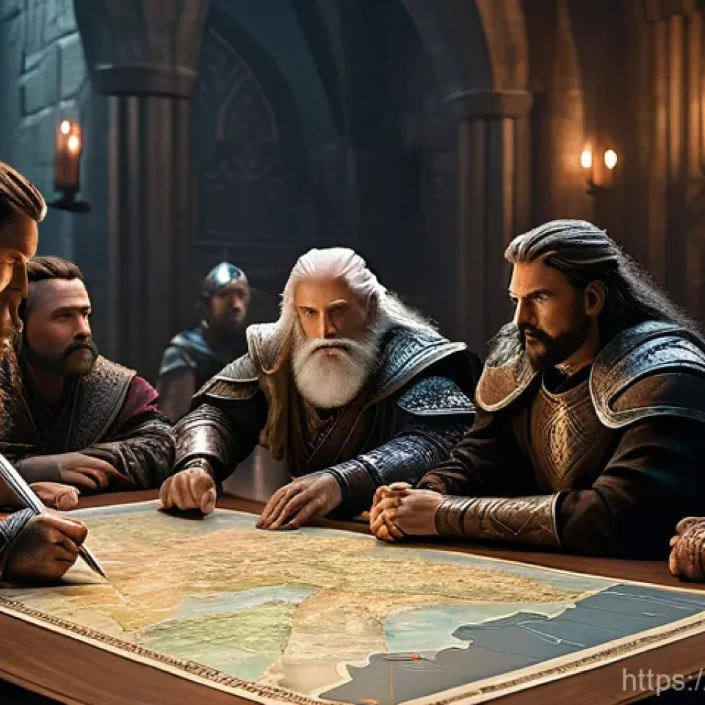 리니지 서버 간 대전 모드 - **Prompt: The War Council's Strategy Session**
A highly detailed, cinematic fantasy image of a d...