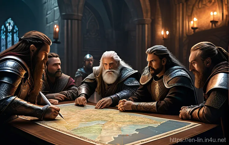 리니지 서버 간 대전 모드 - **Prompt: The War Council's Strategy Session**
A highly detailed, cinematic fantasy image of a d...