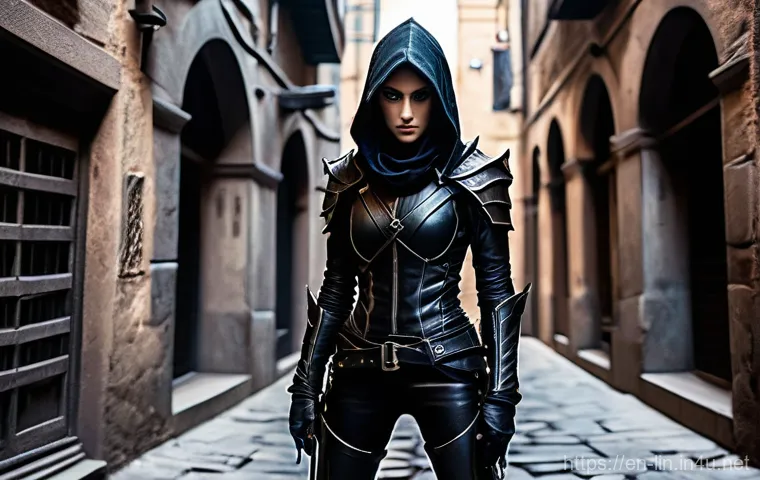 리니지 PVP 입문 가이드 - **Agile Dark Elf Assassin in a Stealthy Urban Environment.**
A full-body, dynamic action shot of...