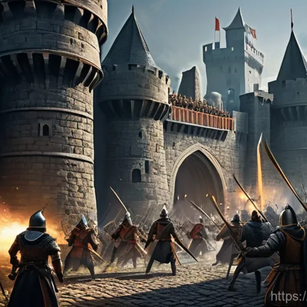 리니지 MMORPG 트렌드 - **Image Prompt 1: Epic Castle Siege**
A dynamic and chaotic scene depicting a massive fantasy si...