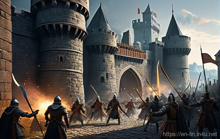 리니지 MMORPG 트렌드 - **Image Prompt 1: Epic Castle Siege**
A dynamic and chaotic scene depicting a massive fantasy si...
