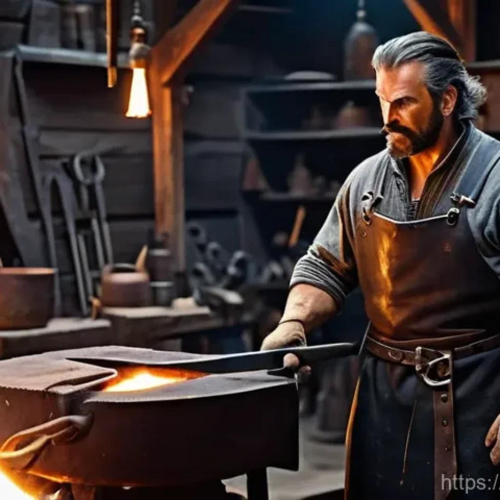 리니지 특수 장비 제작법 - **Prompt:** A determined fantasy blacksmith, clad in sturdy leather and chainmail, stands before a r...