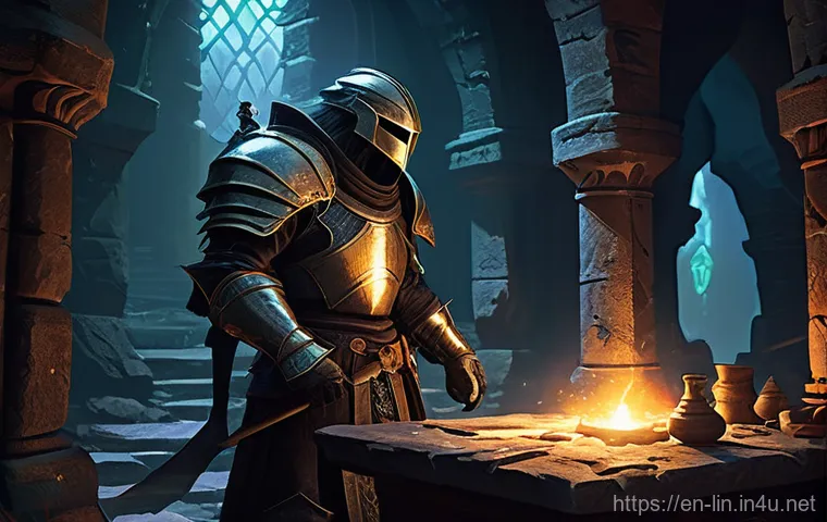 리니지 특수 장비 제작법 - **Prompt:** A determined fantasy blacksmith, clad in sturdy leather and chainmail, stands before a r...