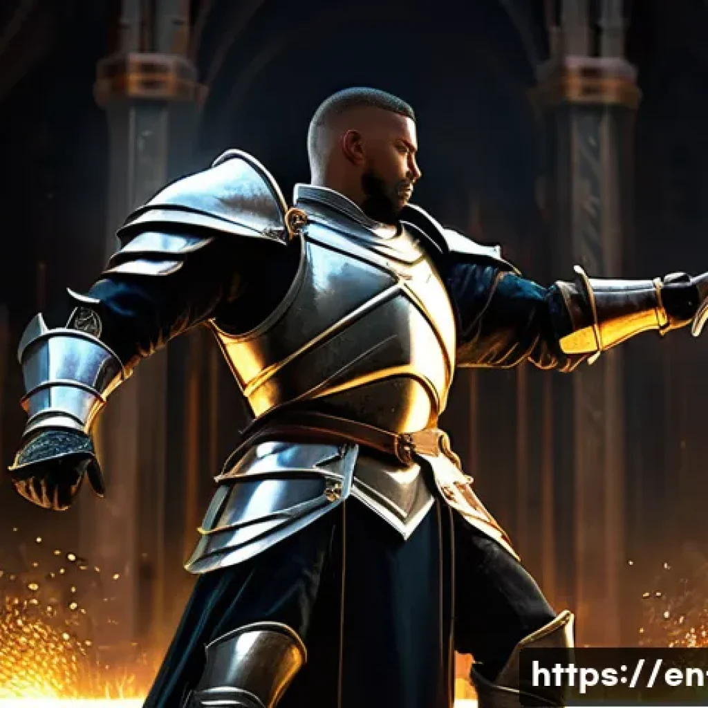 리니지 인챈트 스크롤 사용법 - **Prompt:** A brave and determined fantasy knight, fully clad in shining plate armor and a sturdy un...