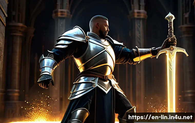 리니지 인챈트 스크롤 사용법 - **Prompt:** A brave and determined fantasy knight, fully clad in shining plate armor and a sturdy un...