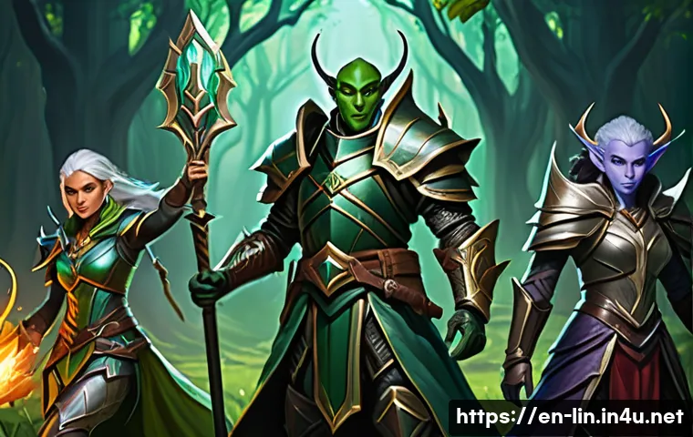 리니지 클래식 서버 생존법 - A small party of three diverse Lineage Classic adventurers, consisting of a human fighter clad in st...