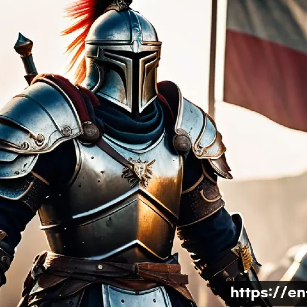 리니지 초보자 가이드 - A heroic warrior clad in heavy, intricately detailed armor with a broad shield and massive sword, st...