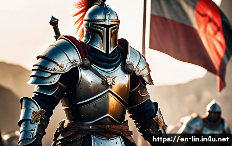 리니지 초보자 가이드 - A heroic warrior clad in heavy, intricately detailed armor with a broad shield and massive sword, st...