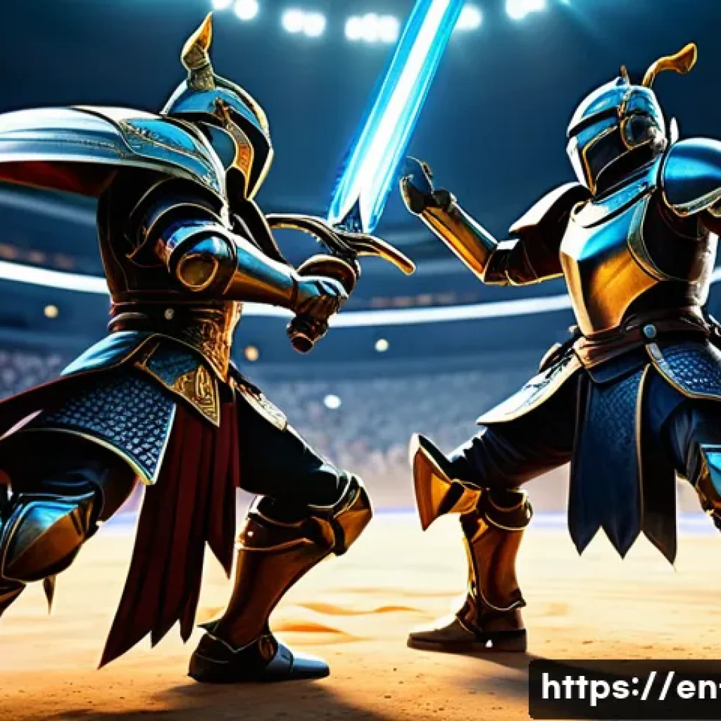 리니지 게임 모드 소개 - A dynamic PvP battlefield scene in a fantasy MMORPG, featuring two armored warriors locked in intens...