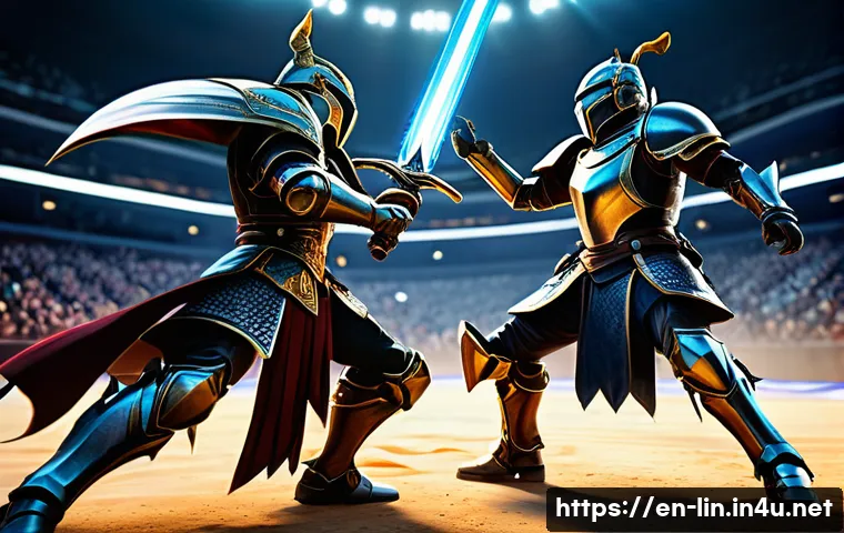 리니지 게임 모드 소개 - A dynamic PvP battlefield scene in a fantasy MMORPG, featuring two armored warriors locked in intens...