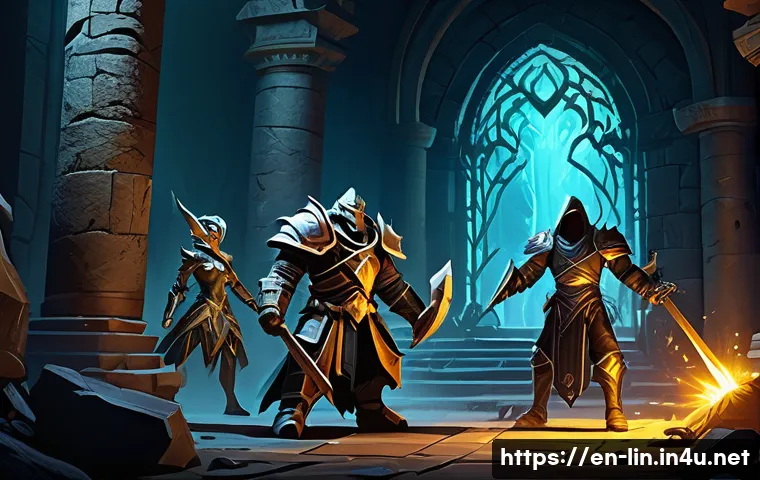 리니지 변신 아이템 모으는 법 - A dynamic fantasy scene of an elite monster farming party inside a dimly lit, high-level dungeon fil...