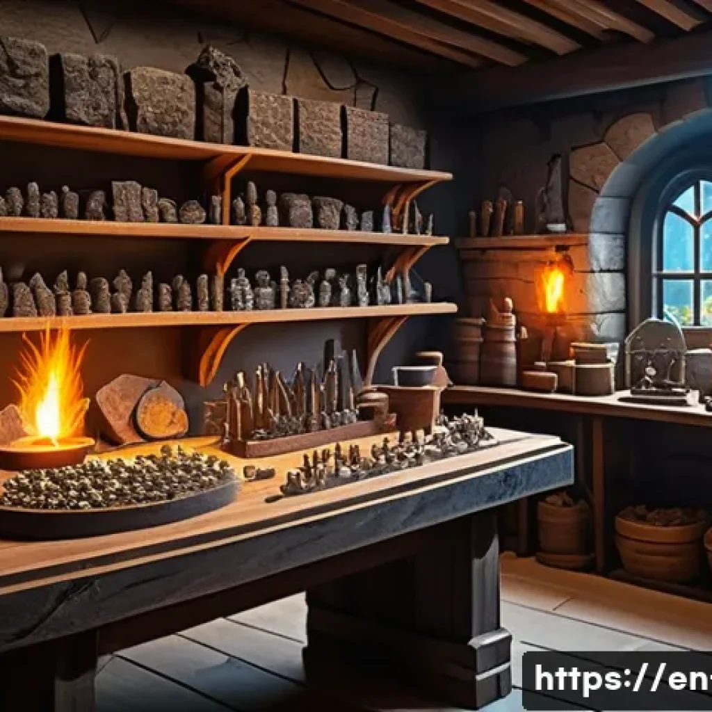 리니지 전설 장비 조합법 - A highly detailed fantasy blacksmith workshop interior, filled with glowing enchanted stones, rare o...