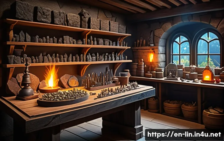리니지 전설 장비 조합법 - A highly detailed fantasy blacksmith workshop interior, filled with glowing enchanted stones, rare o...