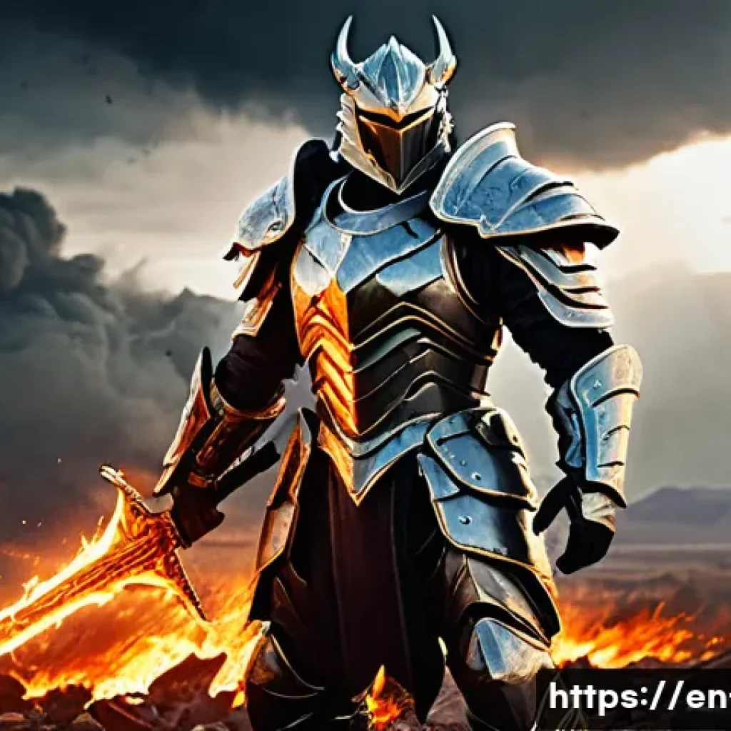 리니지 고급 장비 설명 - A heroic warrior clad in gleaming titanium heavy armor, standing confidently on a rugged battlefield...