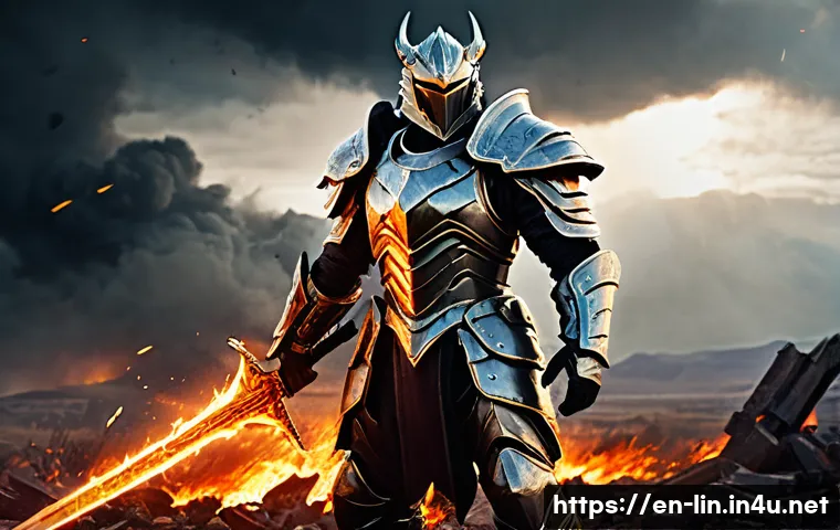 리니지 고급 장비 설명 - A heroic warrior clad in gleaming titanium heavy armor, standing confidently on a rugged battlefield...