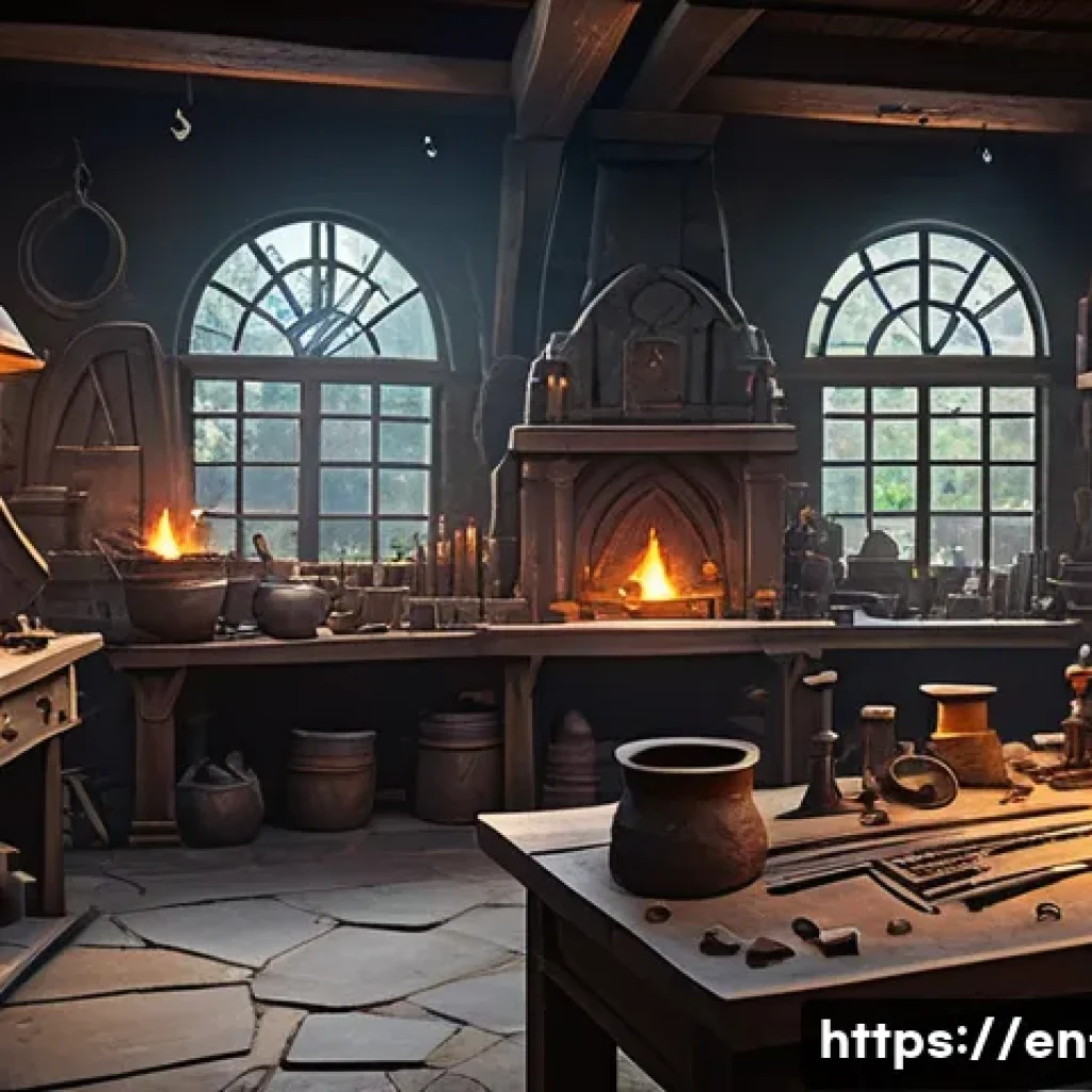 리니지 무기 제작 기본 - A highly detailed fantasy blacksmith workshop scene featuring an experienced craftsman working at a ...