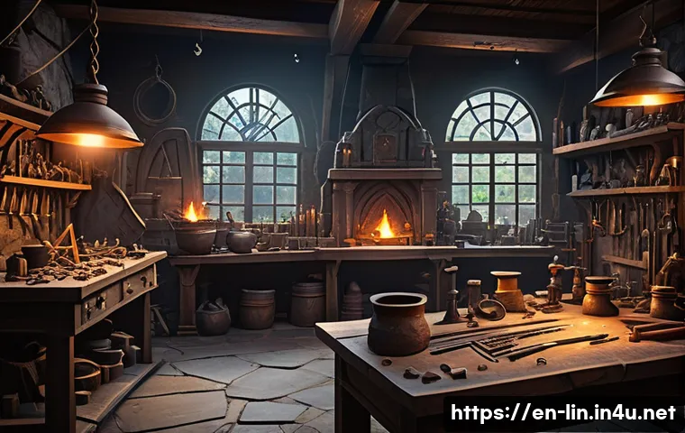 리니지 무기 제작 기본 - A highly detailed fantasy blacksmith workshop scene featuring an experienced craftsman working at a ...