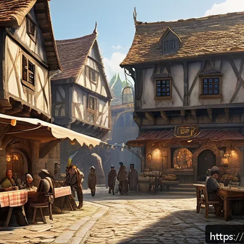 리니지 NPC 대화 시스템 - A richly detailed fantasy RPG scene depicting a medieval village square bustling with diverse NPCs e...
