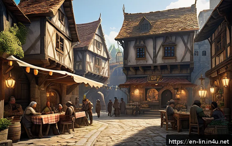 리니지 NPC 대화 시스템 - A richly detailed fantasy RPG scene depicting a medieval village square bustling with diverse NPCs e...
