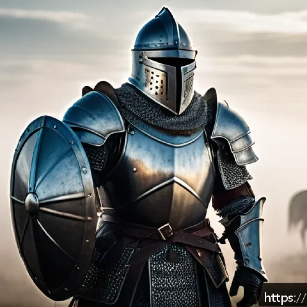 리니지 PvP 전략 클래스 선택 - A heavily armored knight standing resolutely on a misty battlefield at dawn, wielding a large shield...