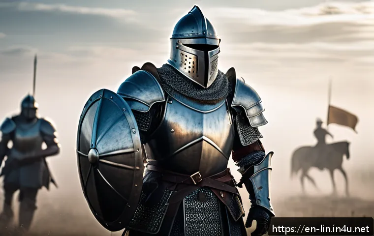 리니지 PvP 전략 클래스 선택 - A heavily armored knight standing resolutely on a misty battlefield at dawn, wielding a large shield...