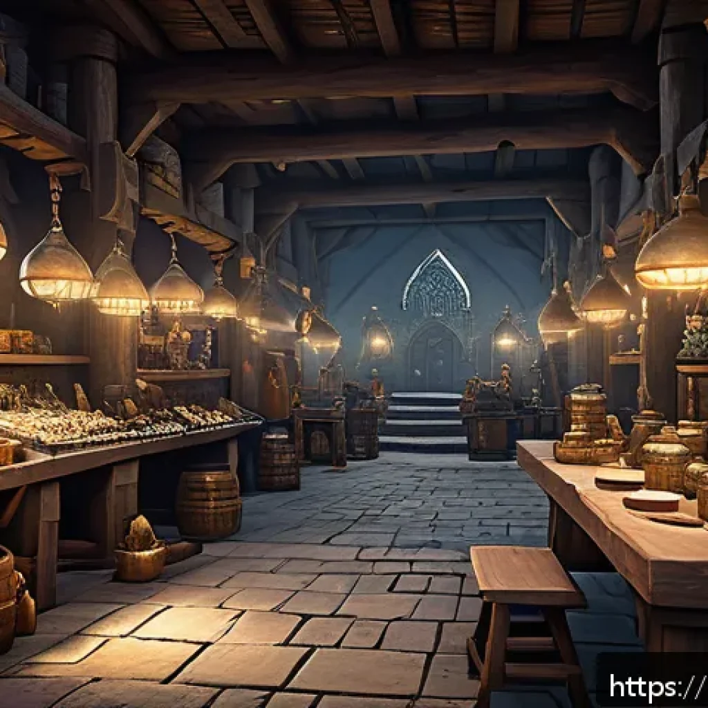 리니지 거래소 이해하기 - A detailed fantasy marketplace scene set inside a bustling medieval-style virtual game hub, featurin...