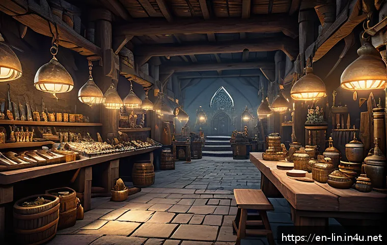 리니지 거래소 이해하기 - A detailed fantasy marketplace scene set inside a bustling medieval-style virtual game hub, featurin...