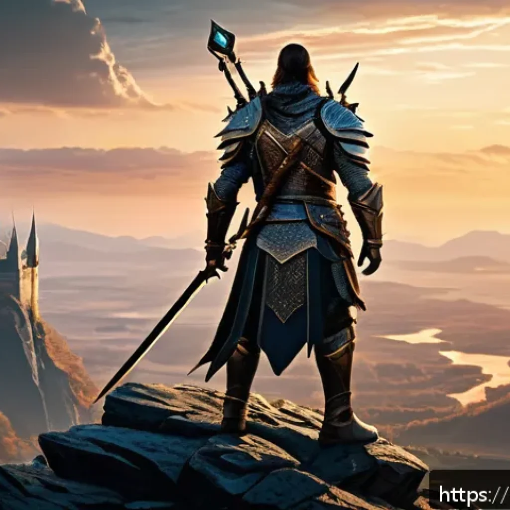 리니지 전설 클래스 해금 조건 - A highly detailed fantasy warrior character standing triumphantly on a rugged cliff overlooking a va...