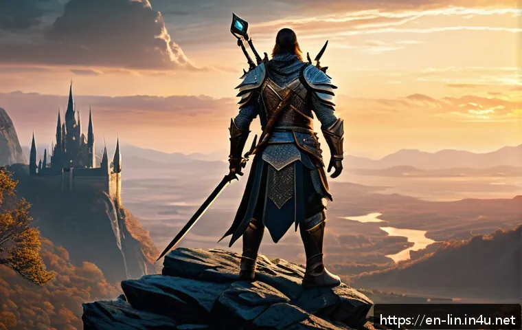 리니지 전설 클래스 해금 조건 - A highly detailed fantasy warrior character standing triumphantly on a rugged cliff overlooking a va...
