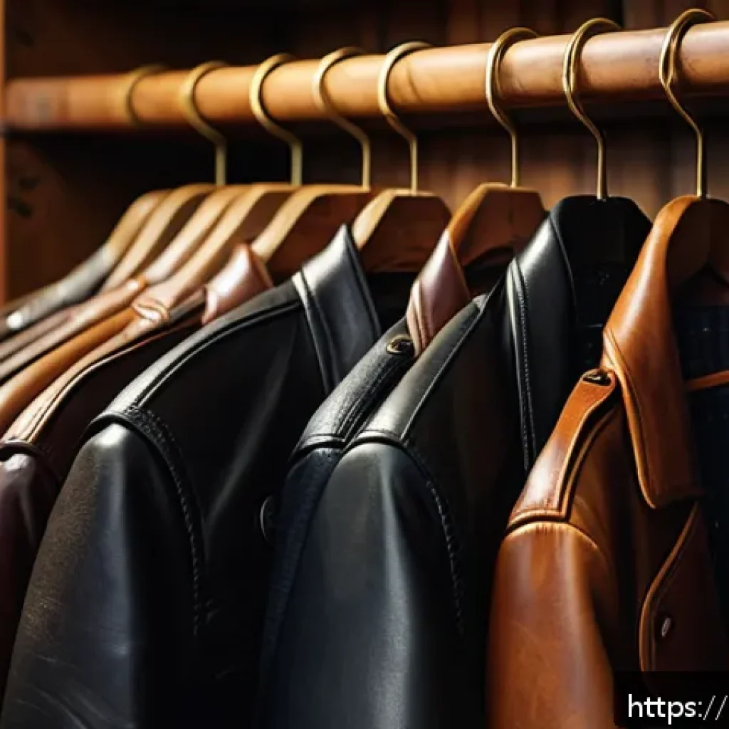 리니지 패션 아이템 모으는 법 - A close-up of a vintage heritage leather jacket displayed on a wooden hanger in a softly lit boutiqu...