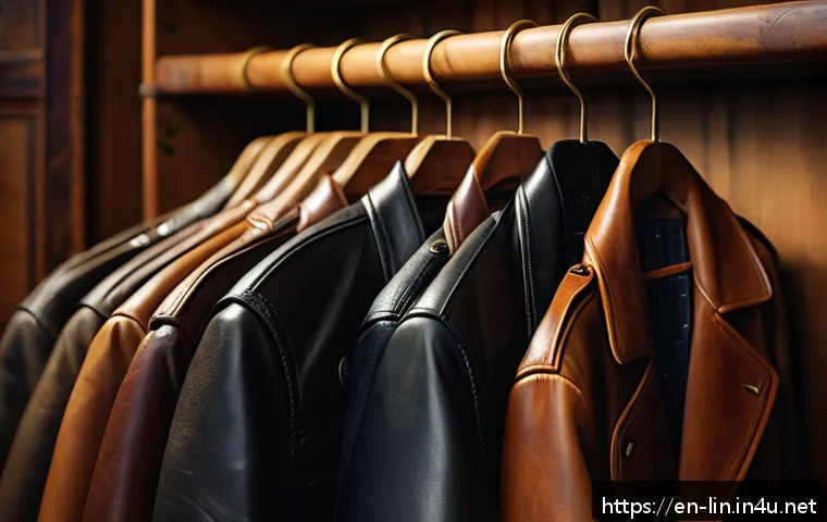 리니지 패션 아이템 모으는 법 - A close-up of a vintage heritage leather jacket displayed on a wooden hanger in a softly lit boutiqu...
