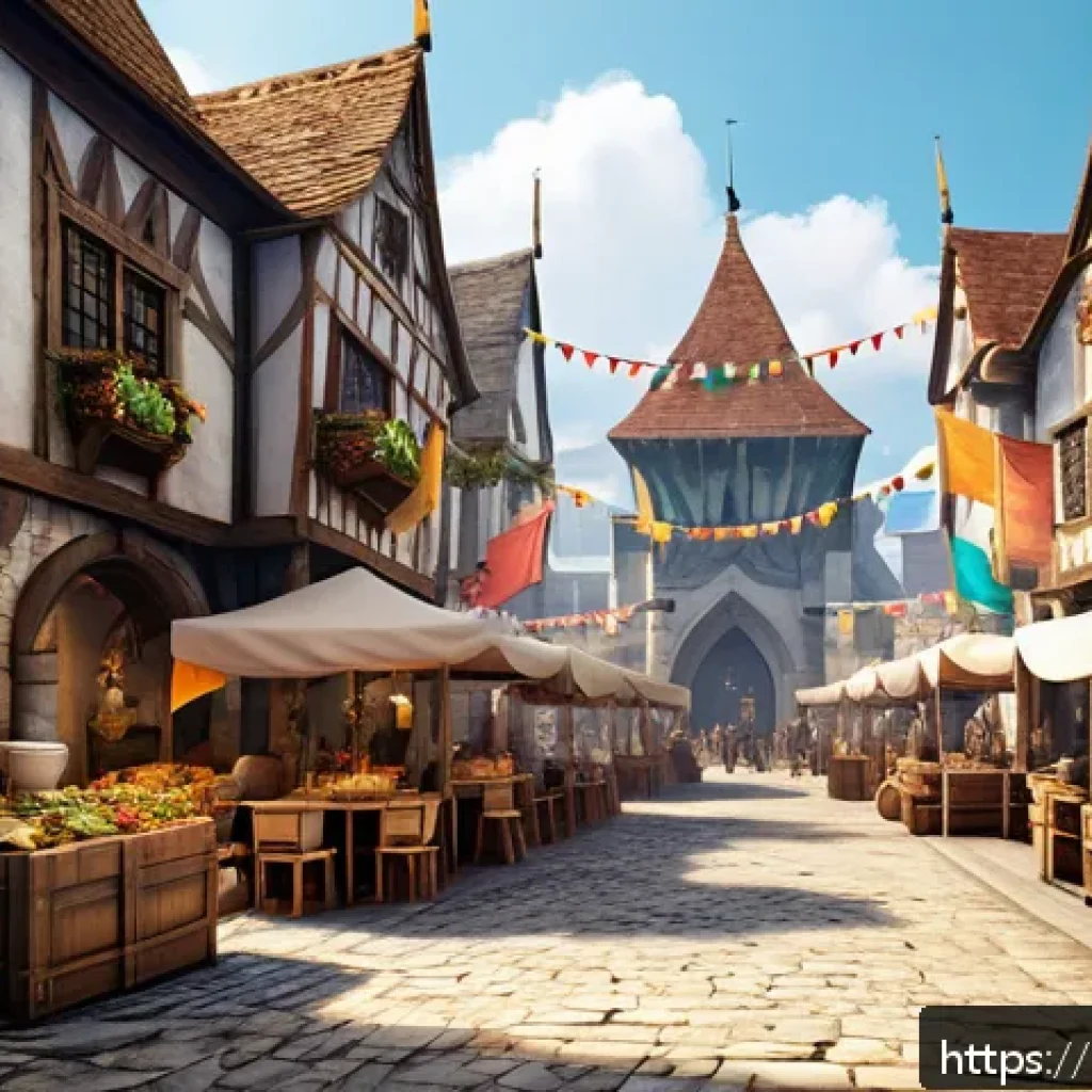 리니지 서버 이전 혜택 - A vibrant fantasy MMORPG guild scene in a bustling medieval-style city square during daytime, divers...