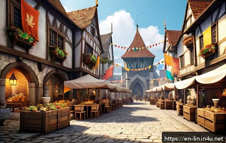 리니지 서버 이전 혜택 - A vibrant fantasy MMORPG guild scene in a bustling medieval-style city square during daytime, divers...