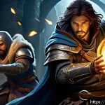 Home 21 리니지 이벤트 보상 설명 - A dynamic fantasy game scene featuring a diverse team of four adventurers in detailed armor and wiel...