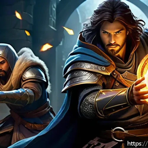 Home 33 리니지 이벤트 보상 설명 - A dynamic fantasy game scene featuring a diverse team of four adventurers in detailed armor and wiel...