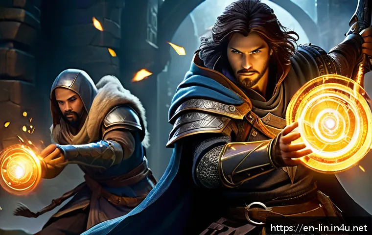 리니지 이벤트 보상 설명 - A dynamic fantasy game scene featuring a diverse team of four adventurers in detailed armor and wiel...
