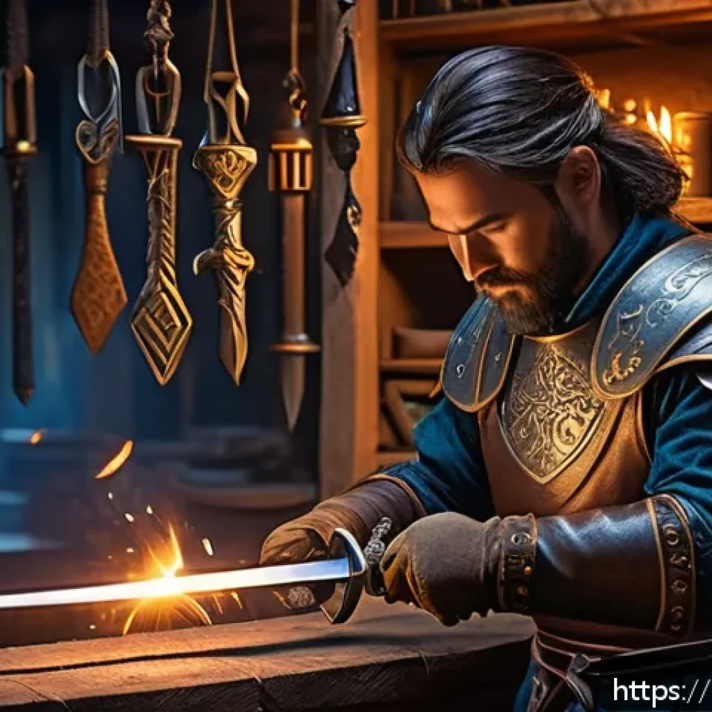 리니지 강화 스크롤 확률 계산 - A detailed fantasy-themed workshop scene showing a skilled blacksmith carefully enhancing a mid-tier...