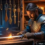 Home 19 리니지 강화 스크롤 확률 계산 - A detailed fantasy-themed workshop scene showing a skilled blacksmith carefully enhancing a mid-tier...