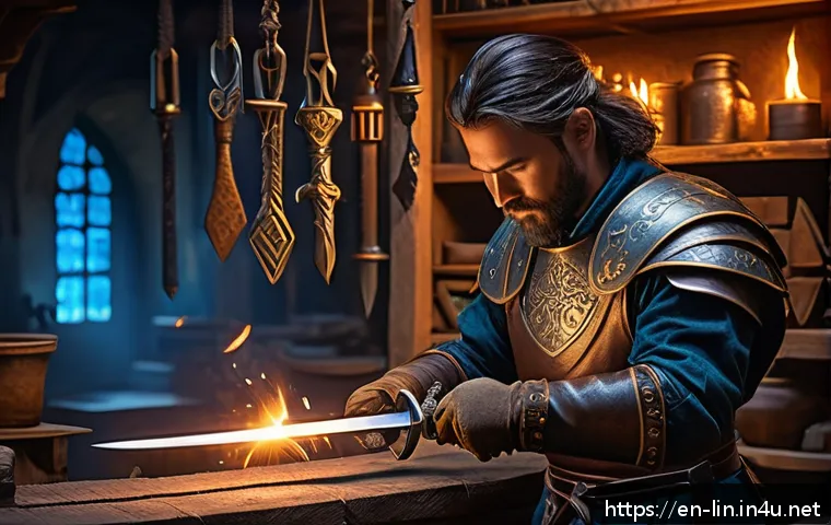리니지 강화 스크롤 확률 계산 - A detailed fantasy-themed workshop scene showing a skilled blacksmith carefully enhancing a mid-tier...