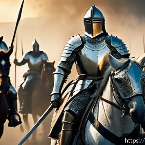 Home 17 리니지 MMORPG 입문법 - A detailed fantasy scene depicting a heavily armored Knight leading a charge on a medieval battlefie...
