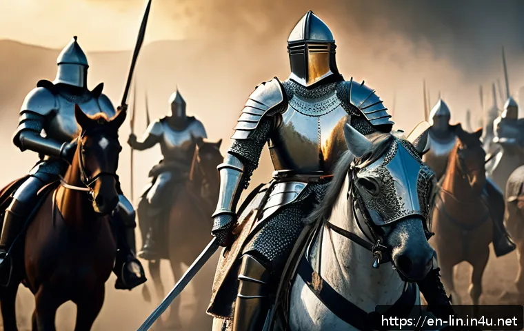 리니지 MMORPG 입문법 - A detailed fantasy scene depicting a heavily armored Knight leading a charge on a medieval battlefie...